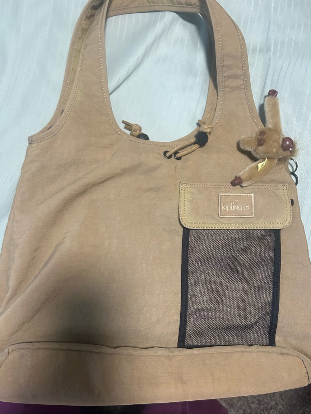 Kipling Tan Shoulder Tote with Monkey Charm